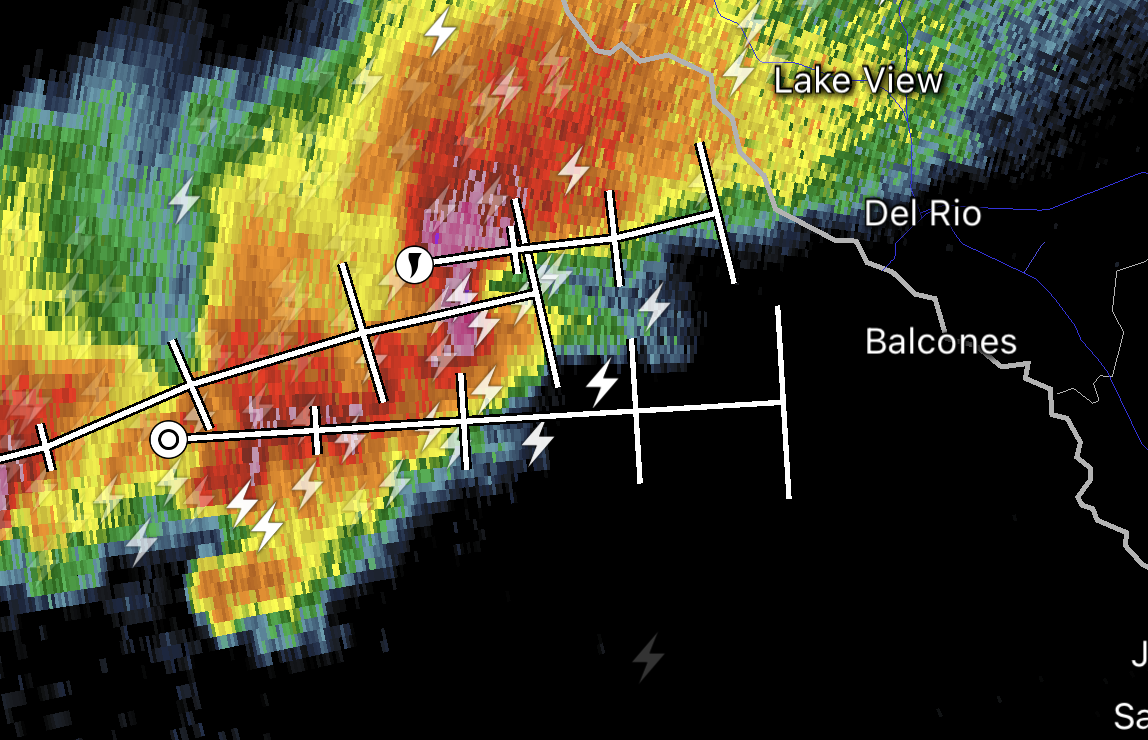 Radar reflectivity image depicting a Tornado Vortex Signature traveling towards Del Rio, TX